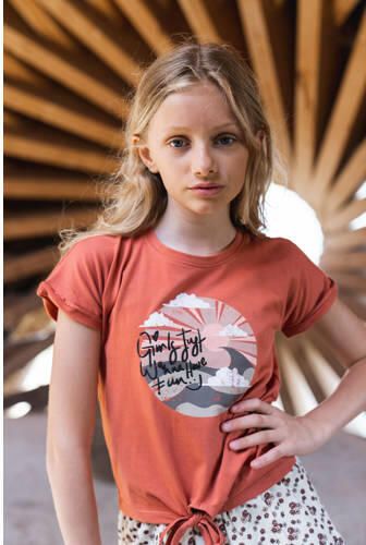 No Way Monday T-shirt met printopdruk roestrood Bruin Meisjes Katoen Ronde hals 104