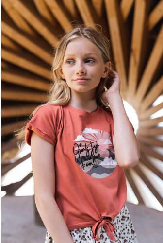 No Way Monday T-shirt met printopdruk roestrood Bruin Meisjes Katoen Ronde hals 104 - Foto 2