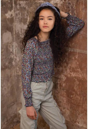NoBell gebloemde top Tessa donkerblauw multicolor Meisjes Polyester Ronde hals 122 128 - Foto 2