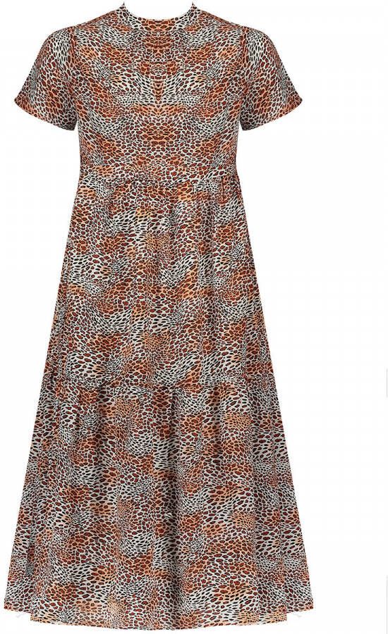 NoBell maxi jurk Mian met dierenprint en plooien beige roestbruin oranje Meisjes Polyester Opstaande kraag 134 140
