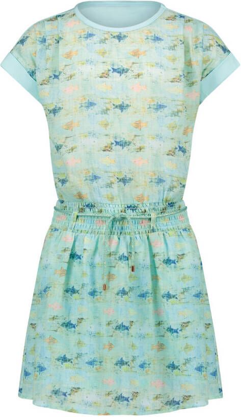 NONO jurk Mira met all over print mintgroen Meisjes Gerecycled materiaal Ronde hals 104