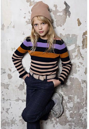 NONO gestreepte trui Kulia donkerblauw lila oranje Meisjes Katoen Ronde hals 122 128 - Foto 3