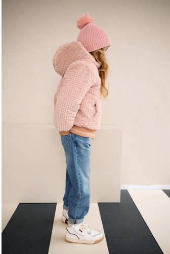 NONO reversible gewatteerde winterjas Bomby met bladprint taupe lichtroze Meisjes Polyester Capuchon 146 152