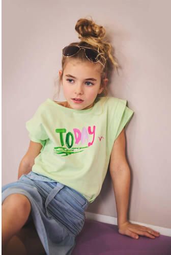 NONO T-shirt Kiam met tekst lichtgroen Meisjes Katoen Ronde hals Tekst 122 128