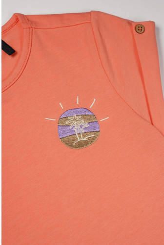 NONO T-shirt Kiki met printopdruk koraaloranje Meisjes Stretchkatoen Ronde hals 122 128