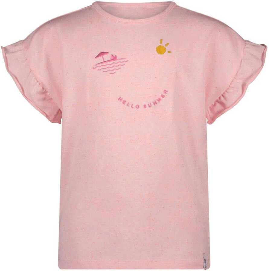 NONO T-shirt Kanou met printopdruk en ruches roze Meisjes Stretchkatoen Ronde hals 122 128