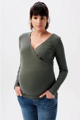 Noppies ribgebreide zwangerschaps- en voedingslongsleeve Sara olijfgroen Dames Stretchkatoen V-hals XXL - Foto 4