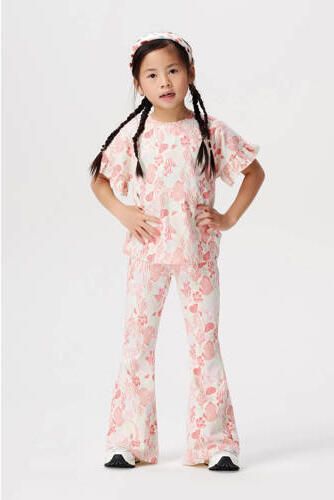 Noppies T-shirt met all over print en ruches roze wit Meisjes Stretchkatoen Ronde hals 104 - Foto 3