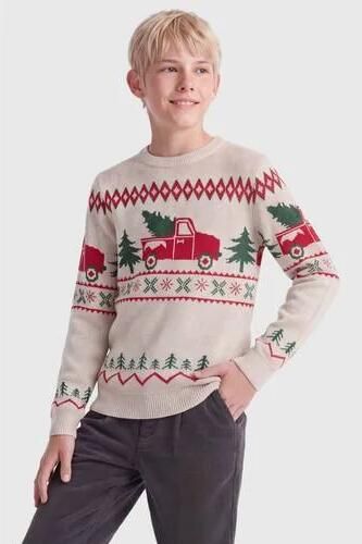ONLY & SONS JUNIOR gebreide kersttrui met print beige rood groen Jongens Acryl Ronde hals - Foto 3