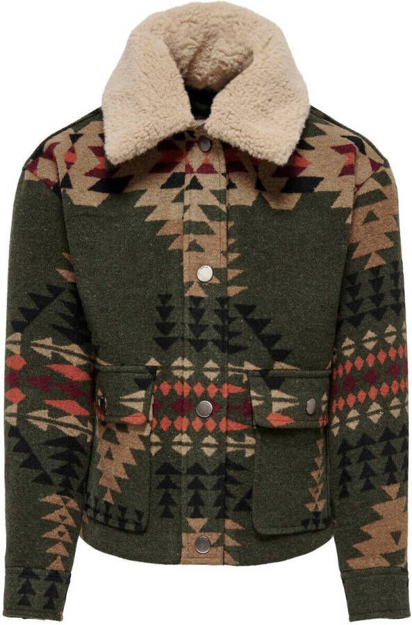 Only KIDS GIRL winterjas KOGGITA met all over print donkergroen bruin oranje Meisjes Polyester Reverskraag 152