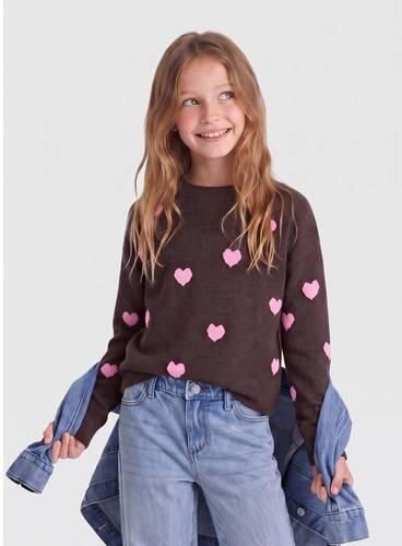ONLY KIDS GIRL gebreide trui met hartjes donkerbruin Meisjes Polyester Ronde hals - Foto 2