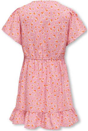 Only KIDS GIRL jurk KOGPALMA met all over print en volant roze oranje wit Meisjes Polyester Ronde hals 116
