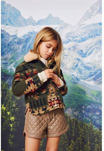 Only KIDS GIRL winterjas KOGGITA met all over print donkergroen bruin oranje Meisjes Polyester Reverskraag 158 - Foto 2