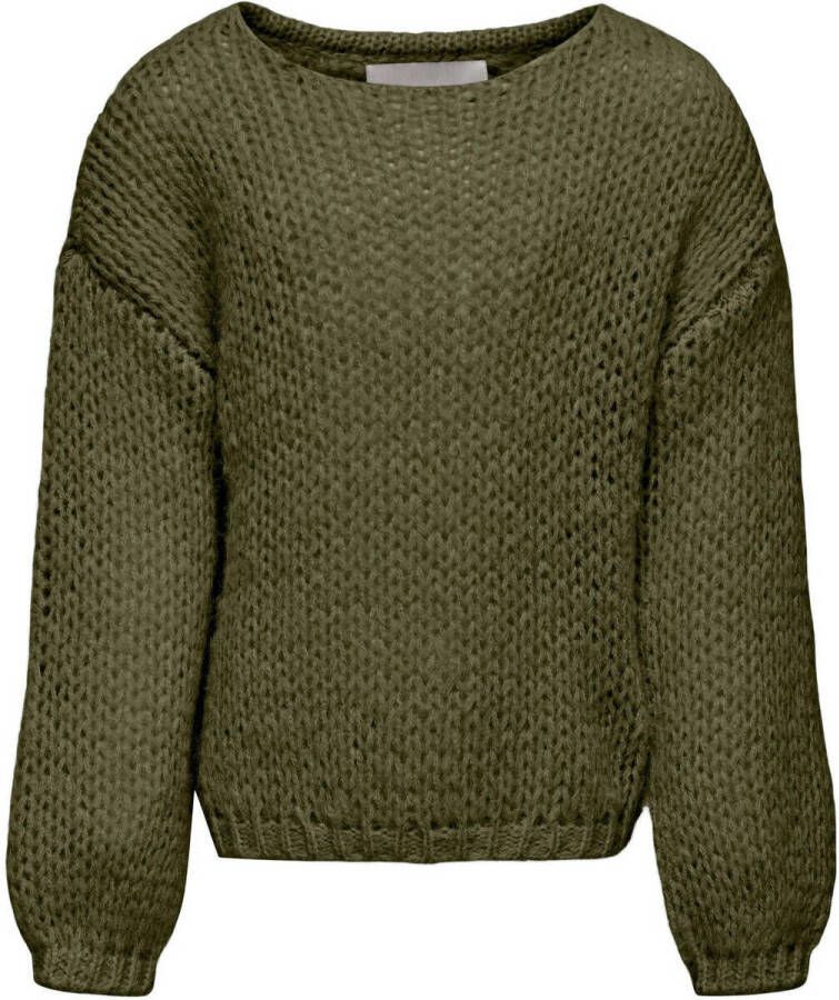 Only KIDS GIRL grofgebreide trui KOGNEWNORDIC LIFE LS O-NECK KNT van gerecycled polyester mosgroen 134 140