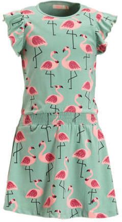 Orange Stars jurk Phyllis met all over print groen roze Meisjes Katoen Ronde hals 110 116