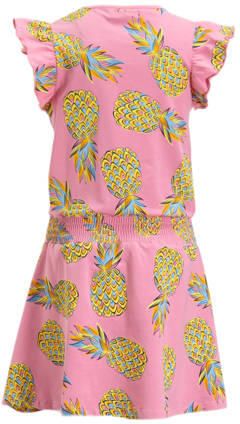 Orange Stars jurk Phyllis met all over print roze Meisjes Katoen Ronde hals 110 116