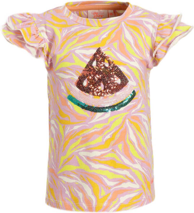 Orange Stars T-shirt Marjoleine met all over print en pailletten multi Meisjes Stretchkatoen Ronde hals 104