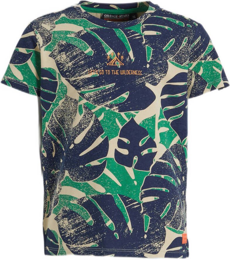 Orange Stars T-shirt Manuel met all over print donkerblauw ecru groen Jongens Stretchkatoen Ronde hals 104