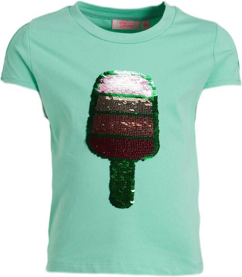 Orange Stars T-shirt Marjanne met printopdruk en pailletten mintgroen Meisjes Stretchkatoen Ronde hals 104