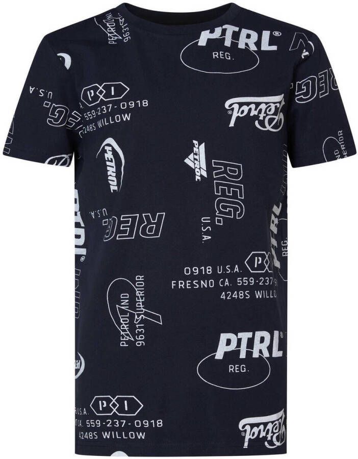 Petrol Industries T-shirt met all over print donkerblauw wit Jongens Stretchkatoen Ronde hals 116