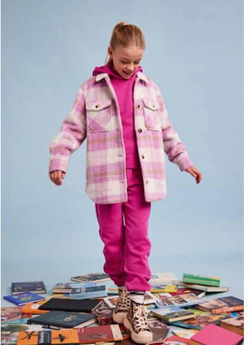 PIECES KIDS geruite shacket winterjas LPNELLIE roze wit Meisjes Polyester Klassieke kraag 128 - Foto 2
