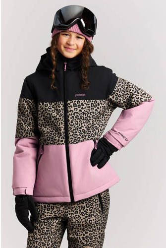 Protest ski-jas met dierenprint zwart roze zand Skijack Meisjes Polyester Capuchon