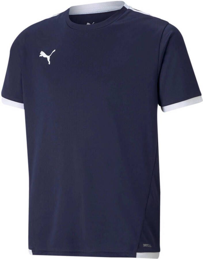 Puma junior voetbalshirt donkerblauw wit Sport t-shirt Gerecycled polyester Ronde hals 116