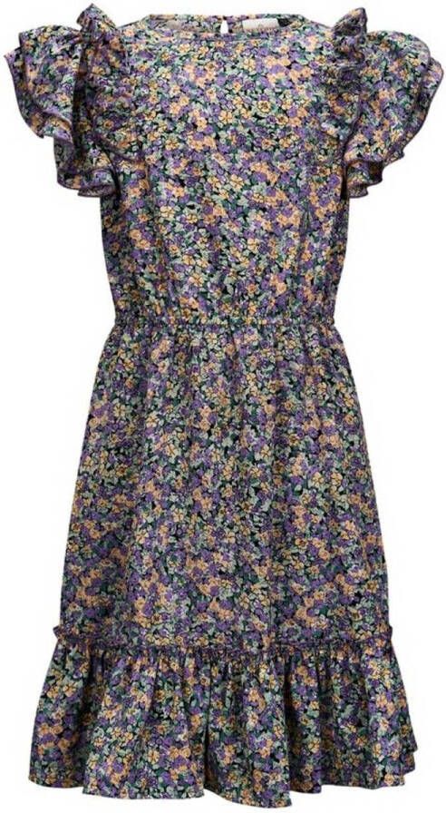 Retour Jeans jurk Katja met all over print en ruches paars multicolor Meisjes Polyester Ronde hals 158 164