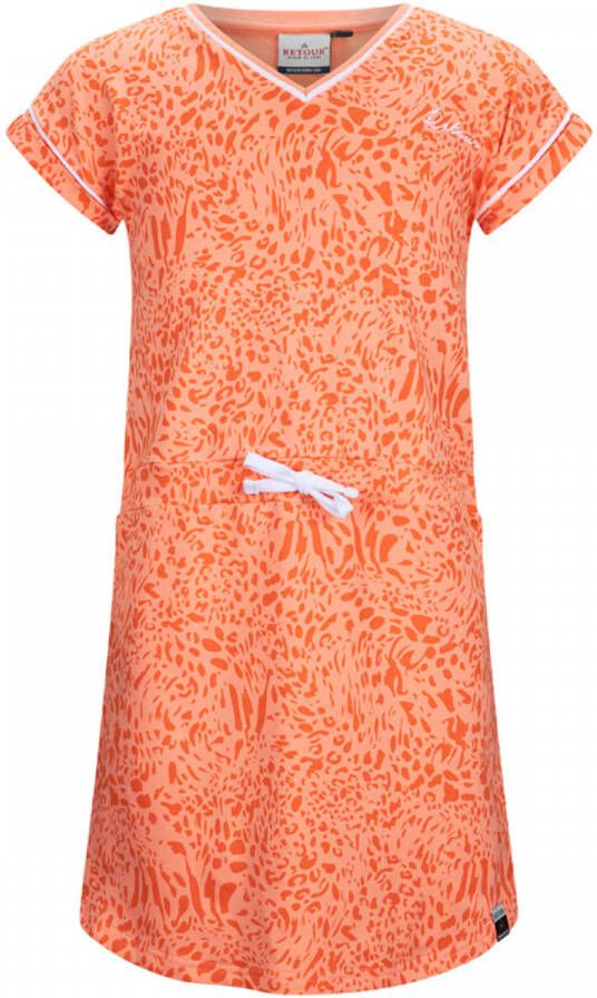Retour Jeans jurk Rouen met all over print perzik Oranje Meisjes Stretchkatoen V-hals 158 164