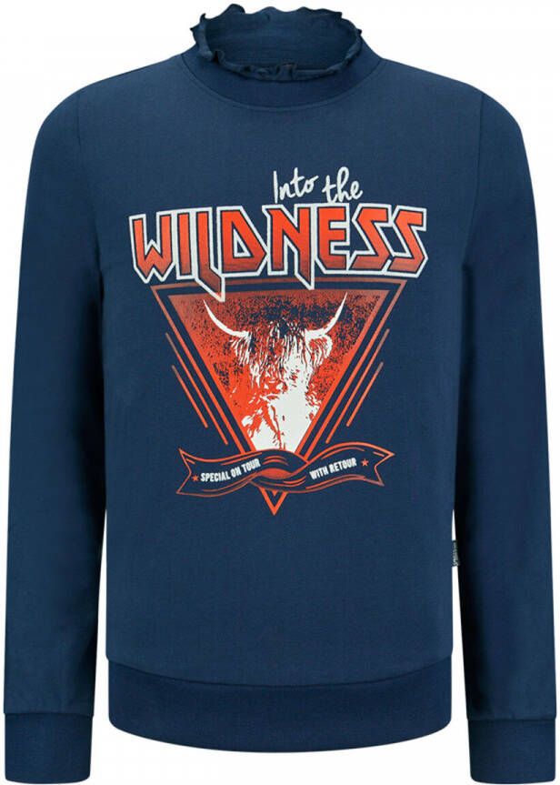 Retour Jeans sweater Eboni met printopdruk en ruches donkerblauw Printopdruk 122 128