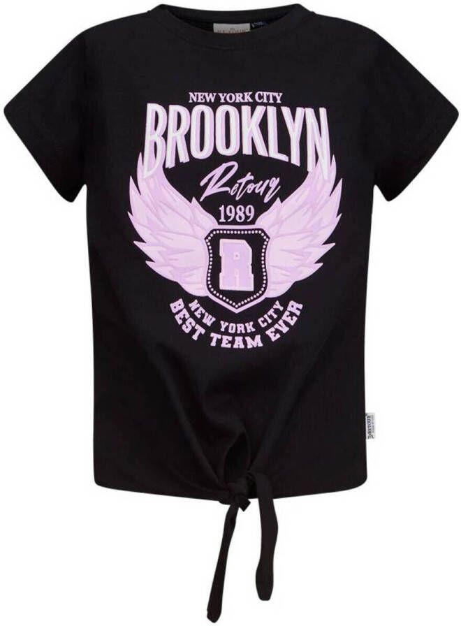 Retour Jeans T-shirt Monica met printopdruk zwart Meisjes Katoen Ronde hals 134 140