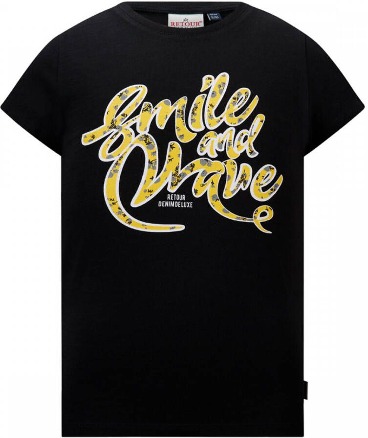 Retour Jeans T-shirt Lorient met tekst zwart Meisjes Katoen Ronde hals 122 128