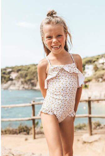 Salted Stories badpak met ruches beige lila Meisjes Polyamide All over print 122 128