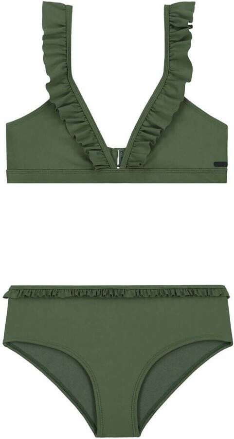 Shiwi triangel bikini Bella met ruches olijfgroen Meisjes Gerecycled polyester 146 152