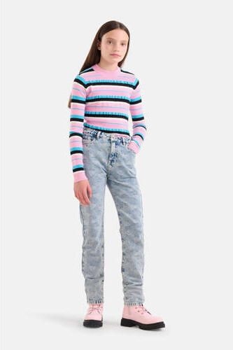 Shoeby high waist tapered fit jeans met jacquard light blue denim Blauw 134
