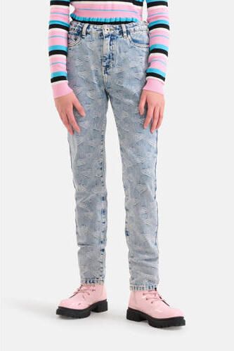 Shoeby high waist tapered fit jeans met jacquard light blue denim Blauw 134 - Foto 3