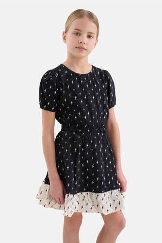 Shoeby jurk met all over print zwart Meisjes Viscose Ronde hals All over print 110 116 - Foto 2