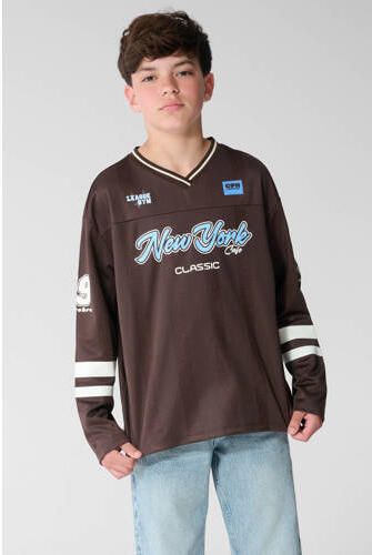 Shoeby longsleeve met tekst bruin Jongens Polyester V-hals Printopdruk