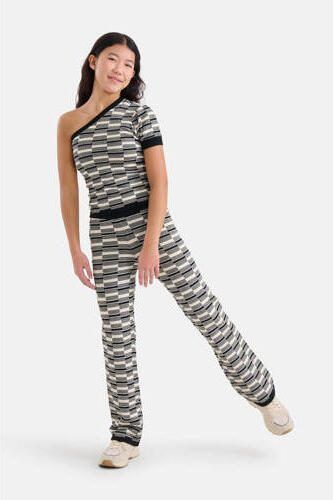 Shoeby regular fit broek met all over print zwart offwhite Meisjes Viscose 122 128