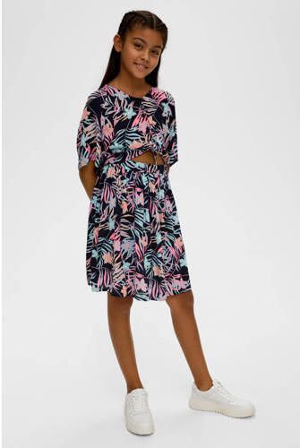 S.Oliver jurk met bladprint multicolor Meisjes Viscose Ronde hals Blad 140