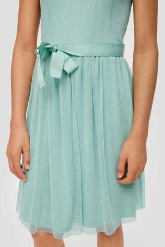 S.Oliver jurk met stippen en mesh groen Meisjes Polyester Ronde hals Stip 140