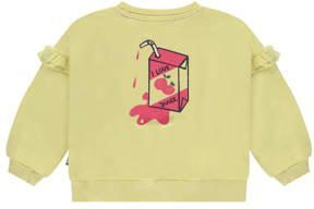Stains&Stories sweater met printopdruk en ruches lichtgeel roze Meisjes Biologisch katoen Ronde hals 140
