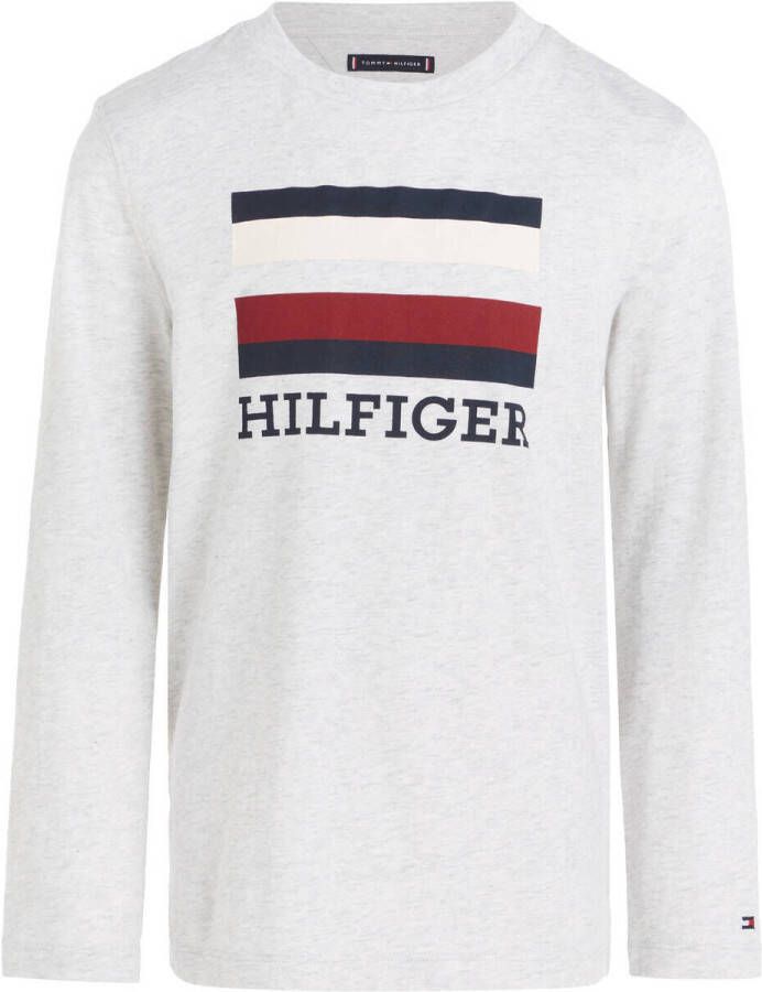 Tommy Hilfiger longsleeve met logo lichtgrijs melange Jongens Katoen Ronde hals 164