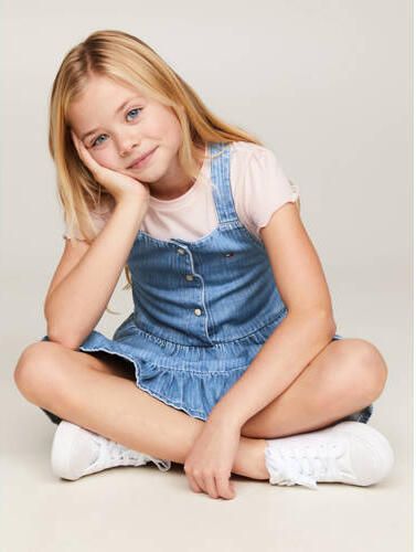 Tommy Hilfiger overgooier herringbone Jurk Blauw Meisjes Katoen Vierkante hals 152 - Foto 3