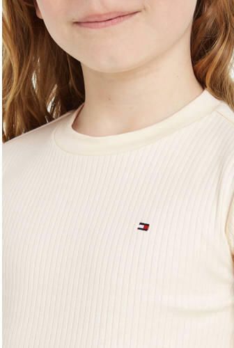 Tommy Hilfiger ribgebreid T-shirt met logo ecru Meisjes Katoen Ronde hals 140