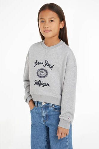 Tommy Hilfiger sweater met printopdruk grijs melange Meisjes Katoen Ronde hals 152