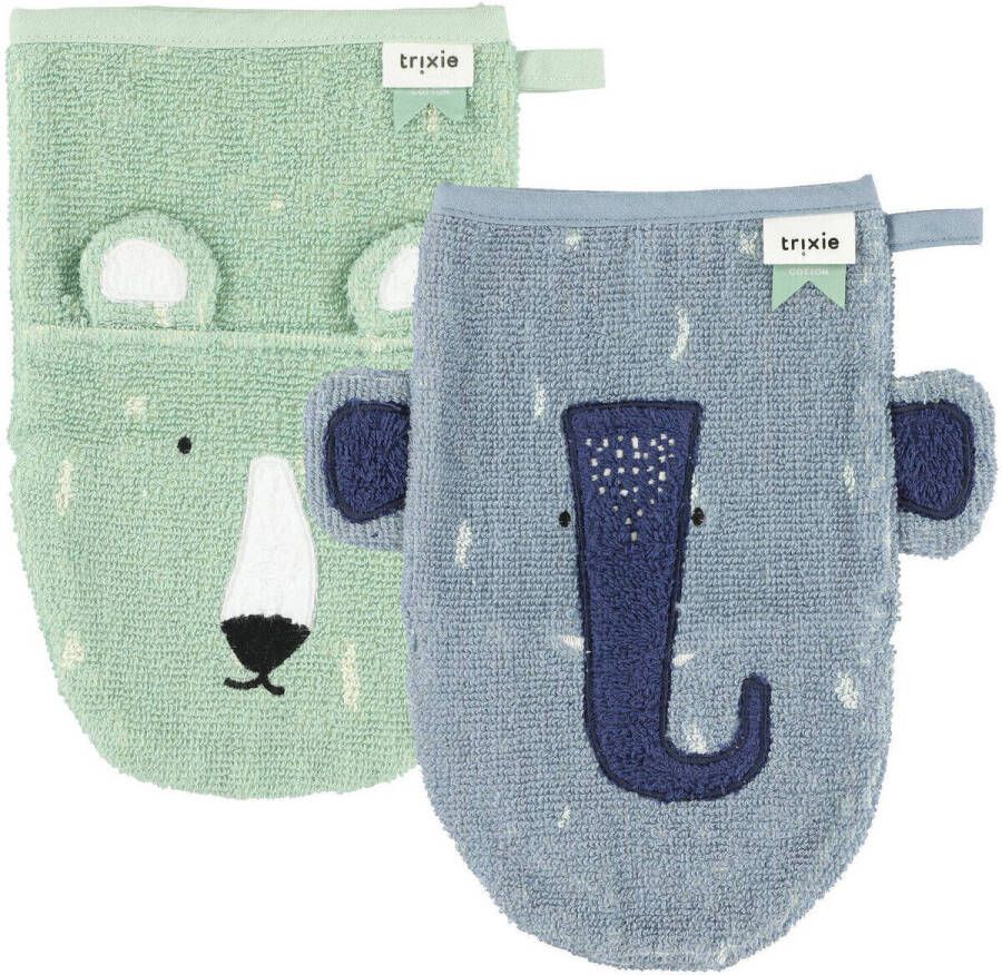 TRIXIE Mr. Polar Bear Mrs. Elephant baby washandje set van 2 blauw groen Hydrofiele washandjes