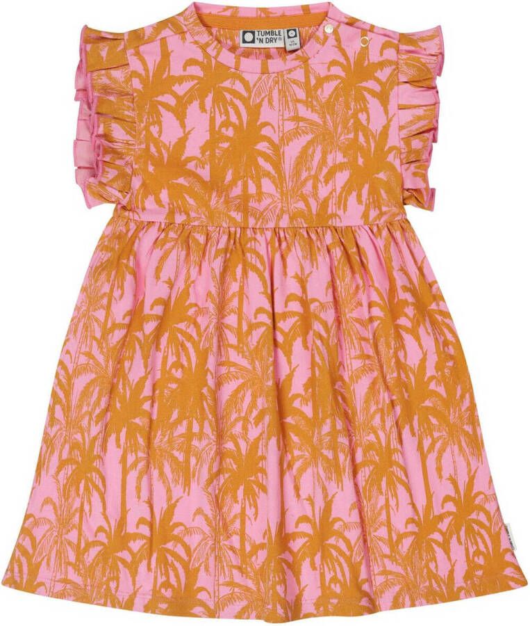 Tumble 'n Dry Lo jurk Coconut met all over print en ruches roze oranje Meisjes Stretchkatoen (duurzaam) Ronde hals 74
