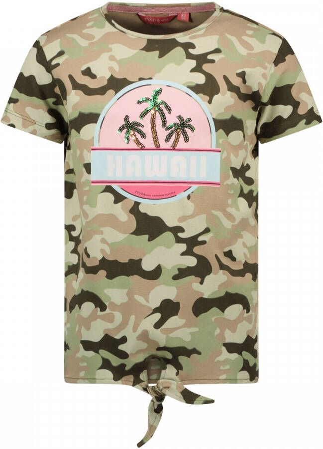 TYGO & vito T-shirt met camouflageprint kaki donkergroen roze Meisjes Stretchkatoen Ronde hals 110 116