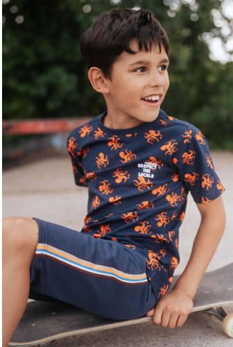 TYGO & vito T-shirt Thijs met all over print donkerblauw oranje Jongens Biologisch katoen Ronde hals 92